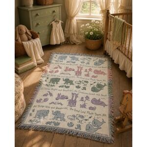 Vintage 1993 MWW‎ All Things Bright and Beautiful Woven Tapestry Throw Blanket